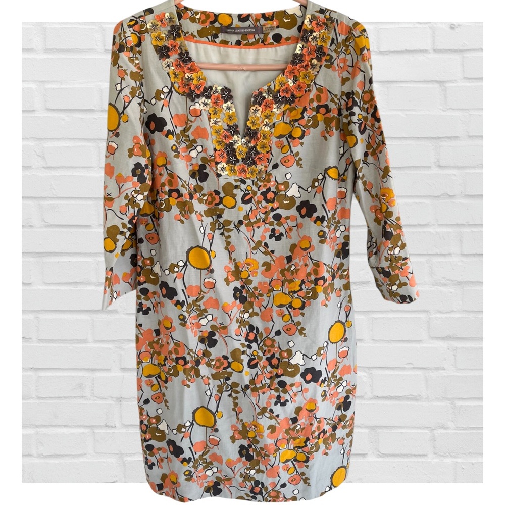 Boden Limited Edition SZ4 Silk Blend Floral Beaded Y Neck Dress Old Money Muted